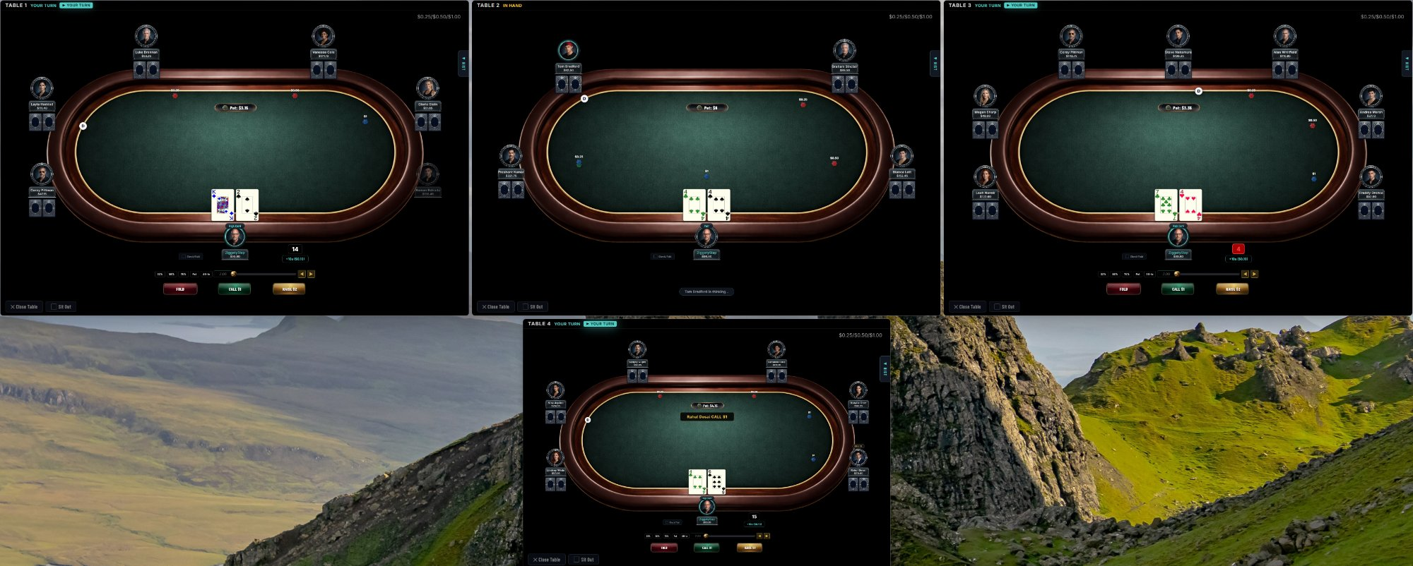 The Pool — live cash game table with HUD stats and action buttons