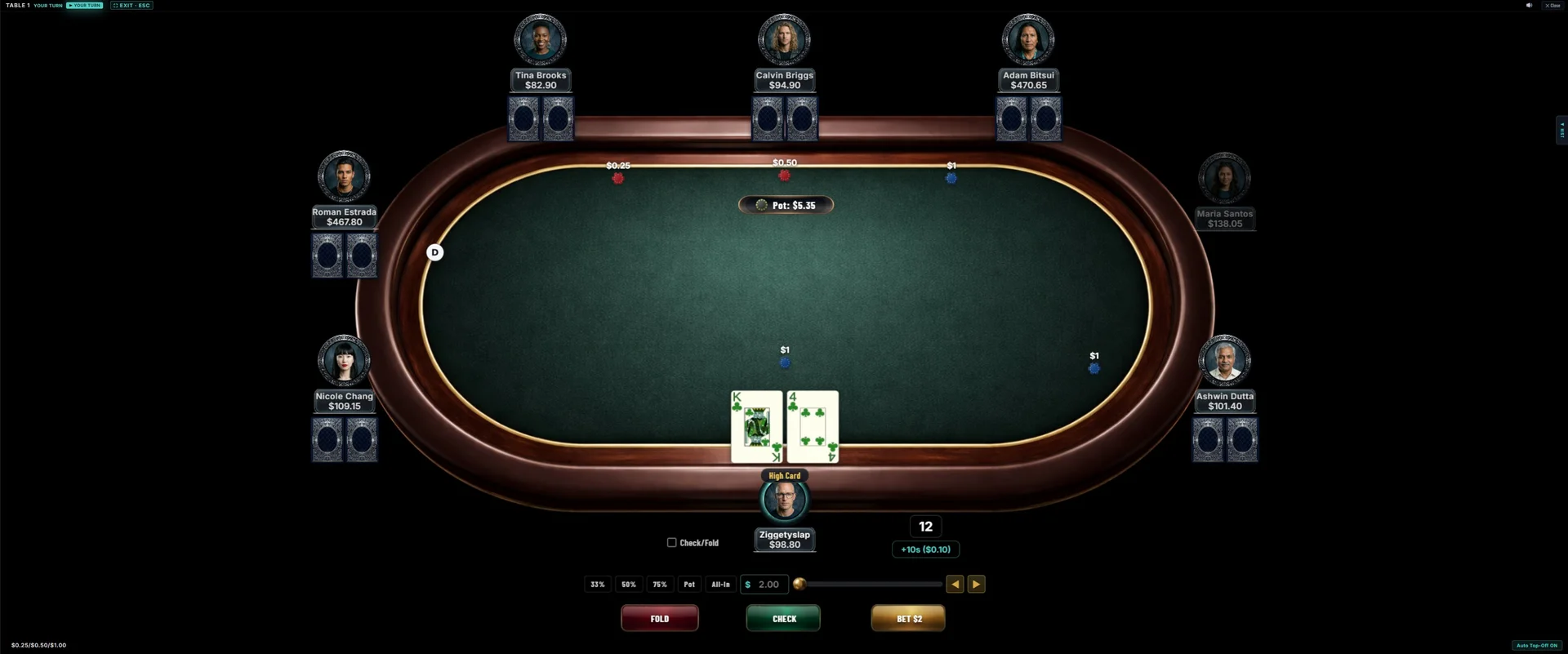 The Pool — live cash game table with HUD stats and action buttons